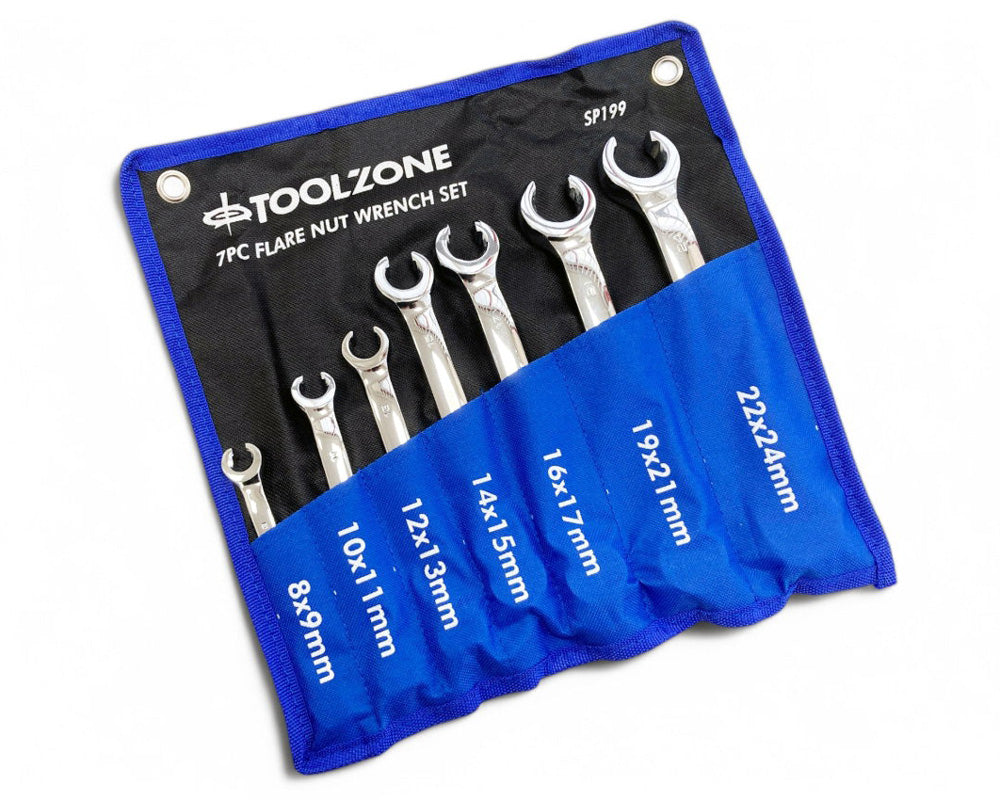 7pc Flare Nut Spanners Set 6-24mm Metric Open Ended Brake Pipe Wrenches with Storage Roll