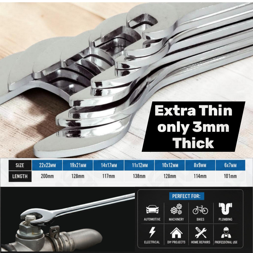 Extra Flat Spanner Set Double Open Ended 6mm-23mm Metric Wrenches -7PC