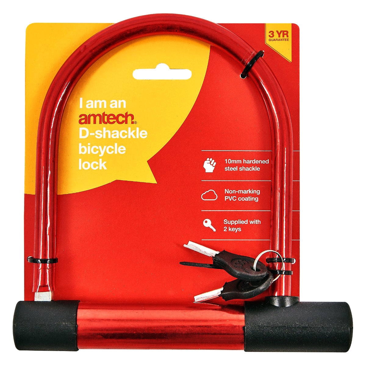 Amtech D-Shackle Cycle Lock plus 1.5m Steel Bike Security Cable U-Shaped Bicycle Padlock with 2 Keys