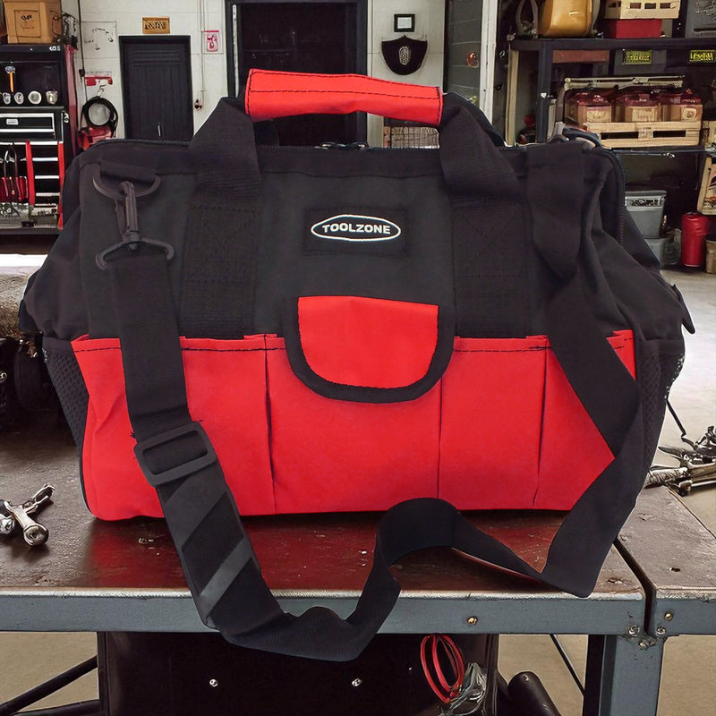 Heavy Duty 16" Nylon Zip Up 28 Pocket Tool Bag with Shoulder Strap