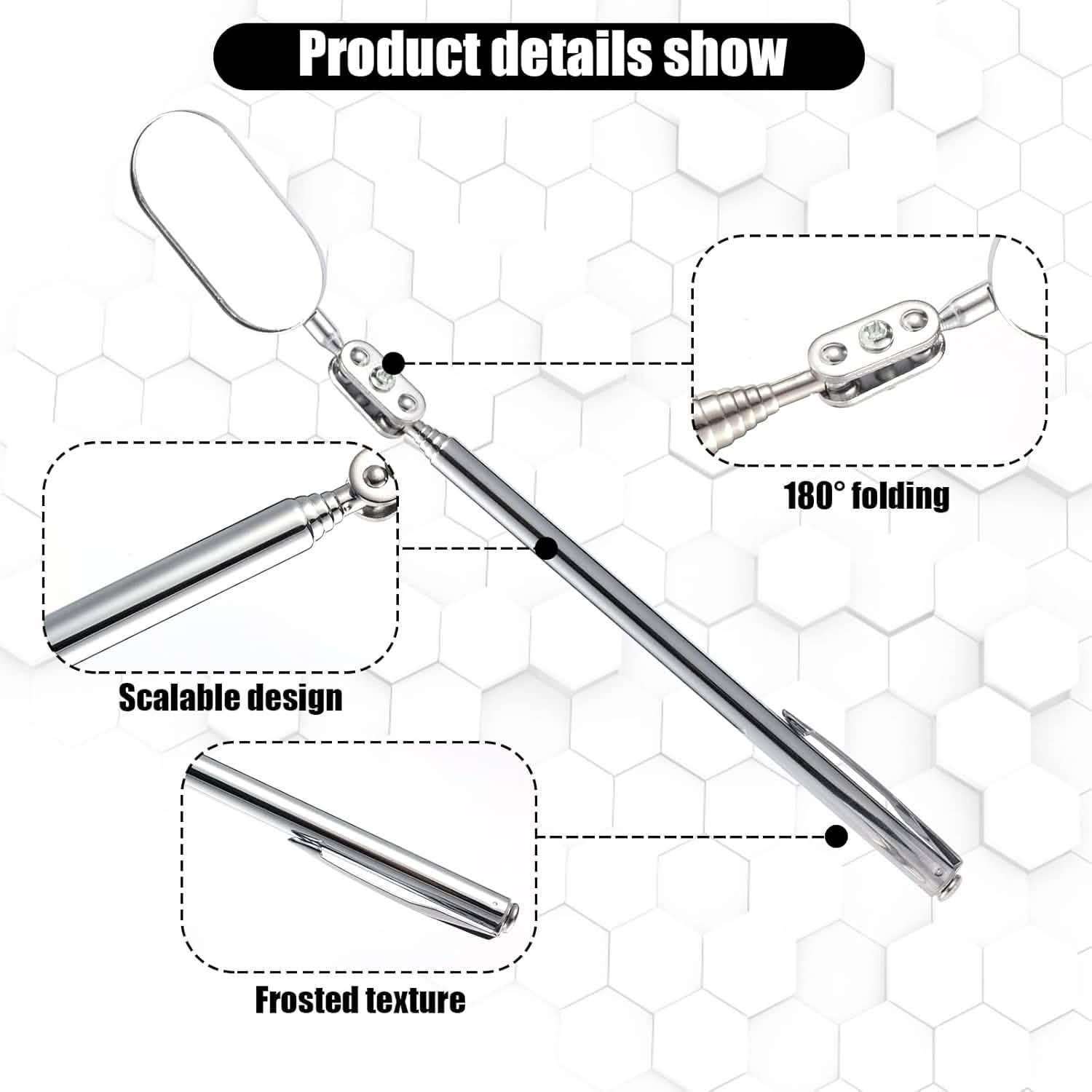 4PC - Telescopic Extending Inspection Mirror Oval Mechanics Tool Kit