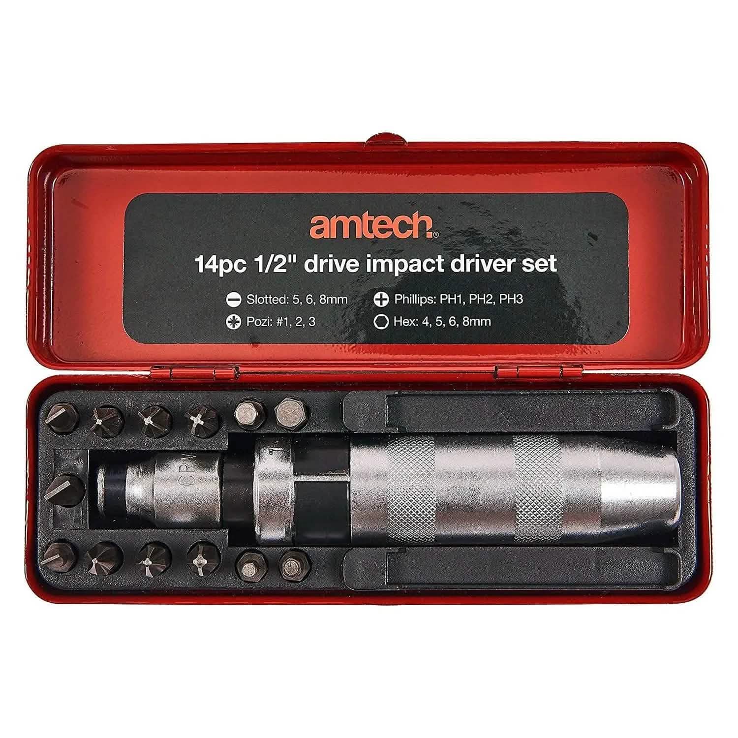Amtech AMTECH 14PC 1/2" DRIVE IMPACT SCREW DRIVER SET POZI SLOTTED PHILLIPS BITS + CASE