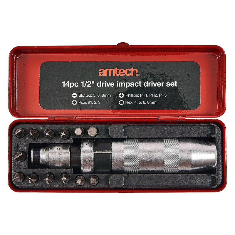 Amtech AMTECH 14PC 1/2" DRIVE IMPACT SCREW DRIVER SET POZI SLOTTED PHILLIPS BITS + CASE