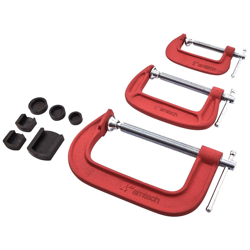 Amtech G Clamps AMTECH© 3PC WOODWORKING G CLAMP SET 2" 3" & 4" inc SOFT JAW PADS 50mm 75mm 100mm