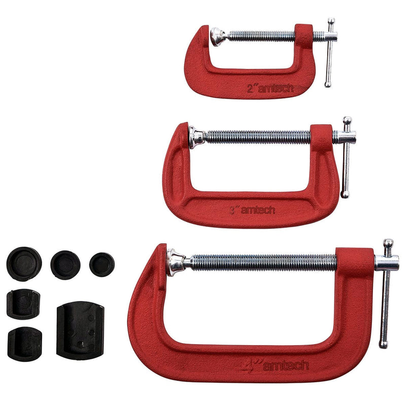 Amtech G Clamps AMTECH© 3PC WOODWORKING G CLAMP SET 2" 3" & 4" inc SOFT JAW PADS 50mm 75mm 100mm
