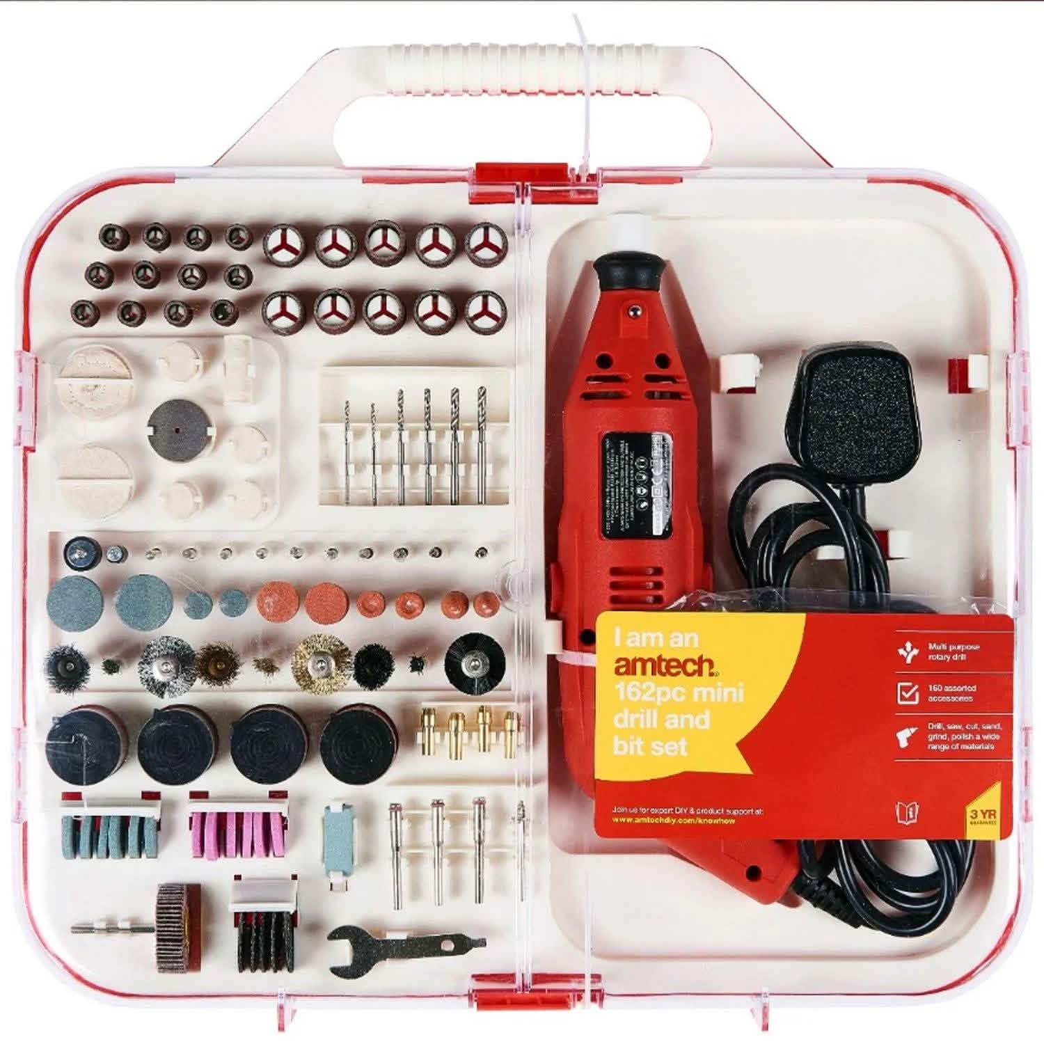 Amtech Mini Drill Electric Mini Rotary Drill + Bit Set + Storage Case - 162Pc 130W Amtech F2830 - 3 Year Warranty