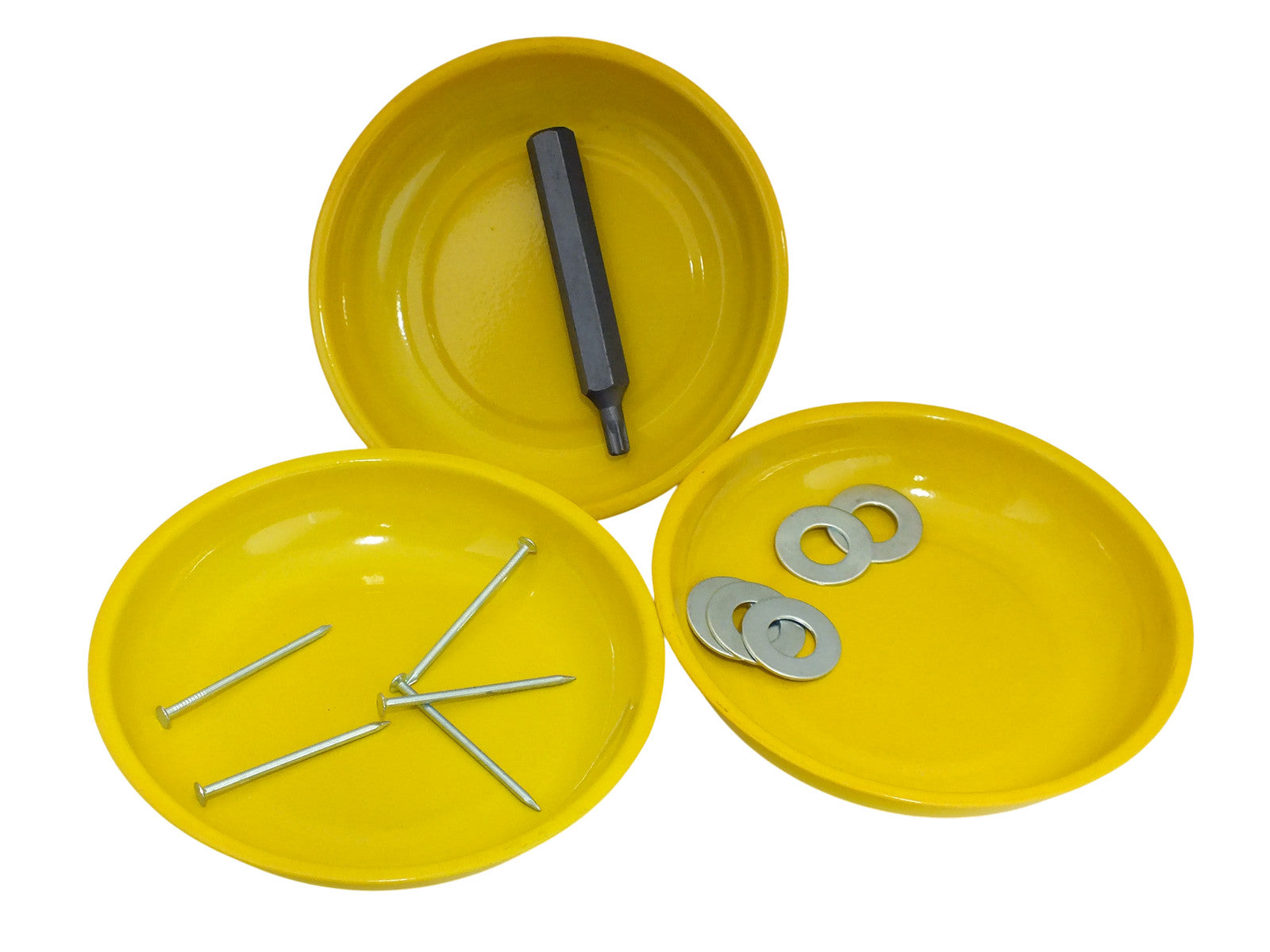 3pc Magnetic Parts Tray Set Hi-Viz Yellow 100mm 4" Round Dish | Ideal for Nuts, Bolts, Screws, Small Parts