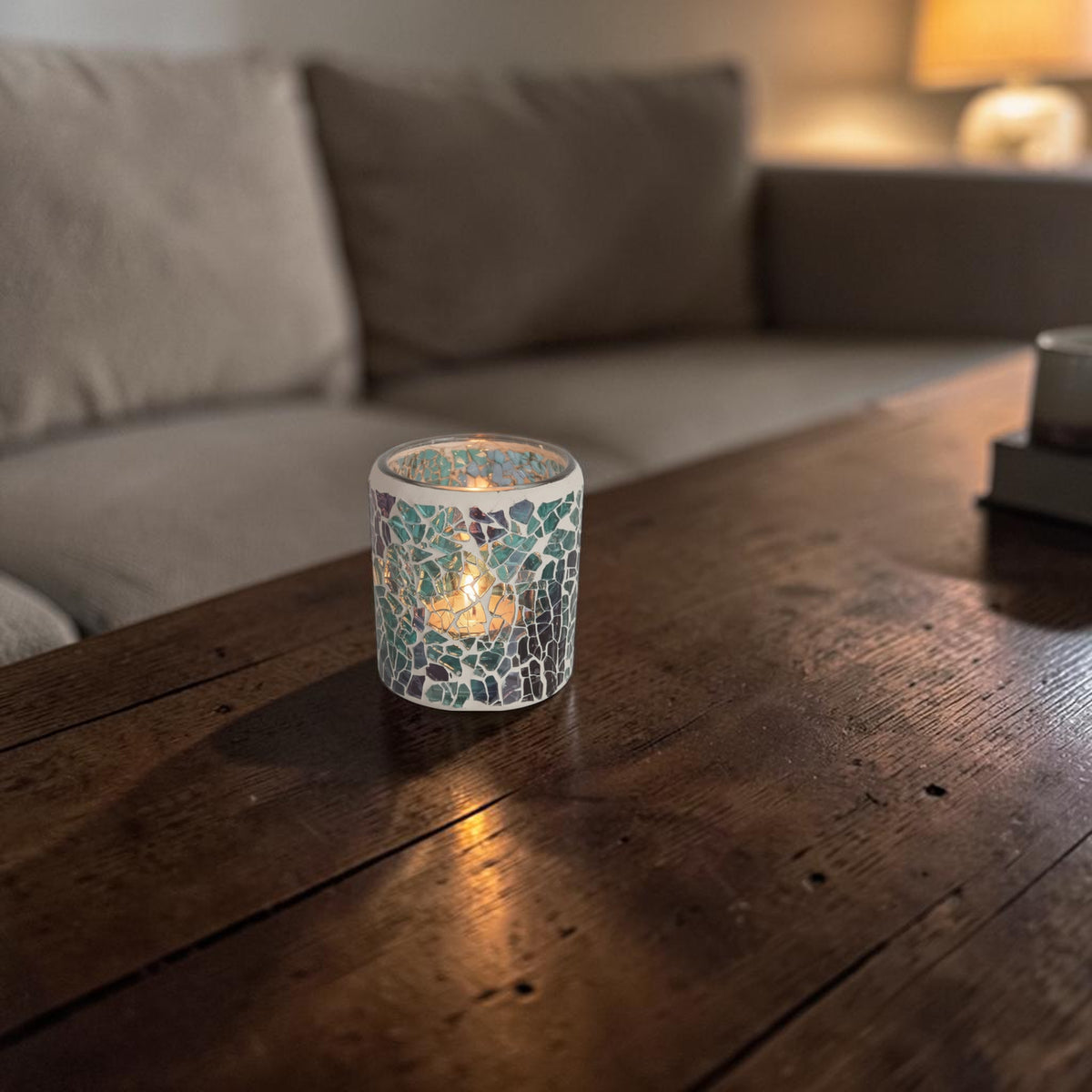2 Pack - Tea Light Holder Blue Crackle Glass