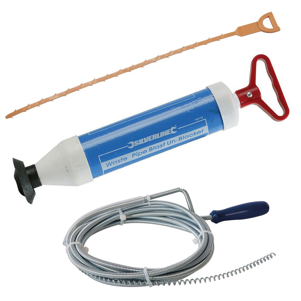 Drain Pump Sink Plunger Bath Toilet Cleaner Waste Pipe Unblocker 3 Tools Set