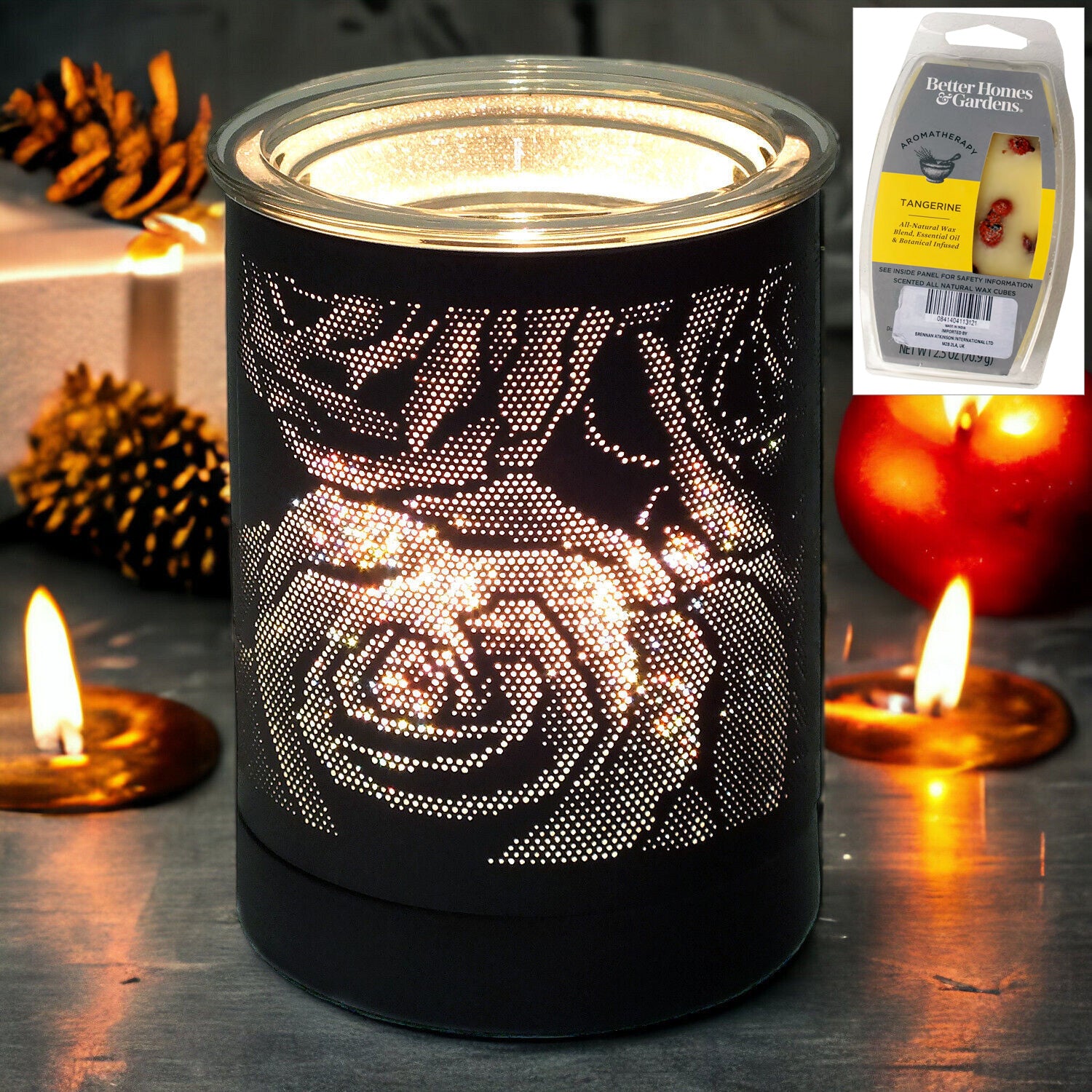Electric Aroma Lamp Wax Tart Melter and Scented Oil Burner | Black Rose Design Fragrance Diffuser plus Tangerine Wax Melts