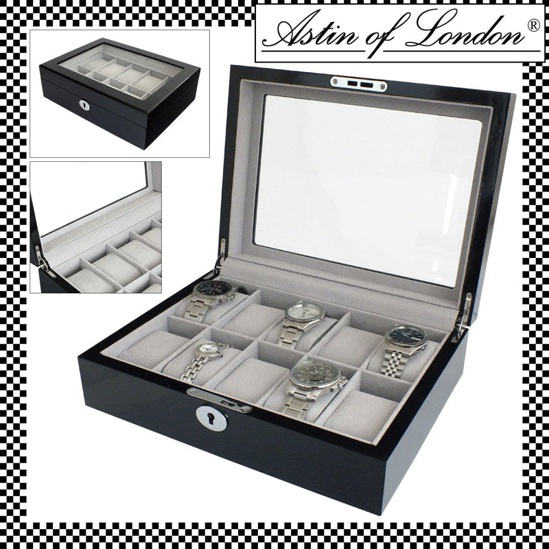 Astin Of London ASTIN OF LONDON® LUXURY GLOSS BLACK WOODEN 10 SLOT WATCH BOX CASE GREY INTERIOR