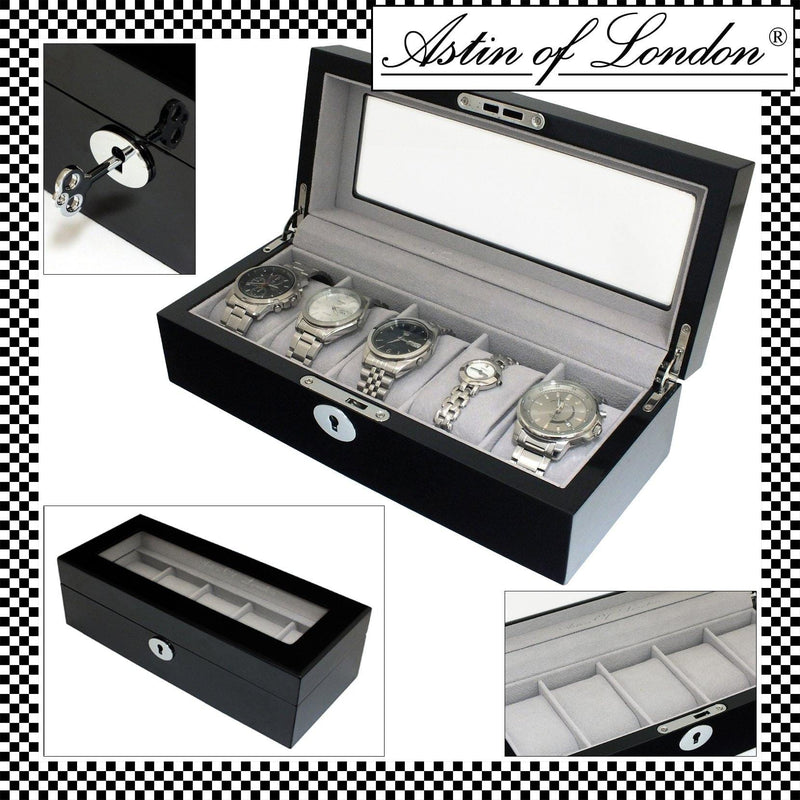 Astin Of London ASTIN OF LONDON® LUXURY GLOSS BLACK WOODEN 5 SLOT WATCH BOX CASE - GREY INTERIOR