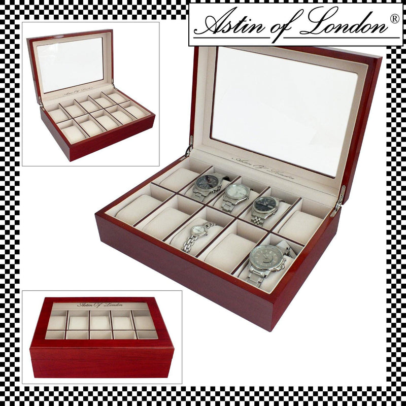 Astin Of London Watch Box ASTIN OF LONDON® GENTS CHERRY WOOD WOODEN 10 SLOT WATCH STORAGE BOX DISPLAY CASE