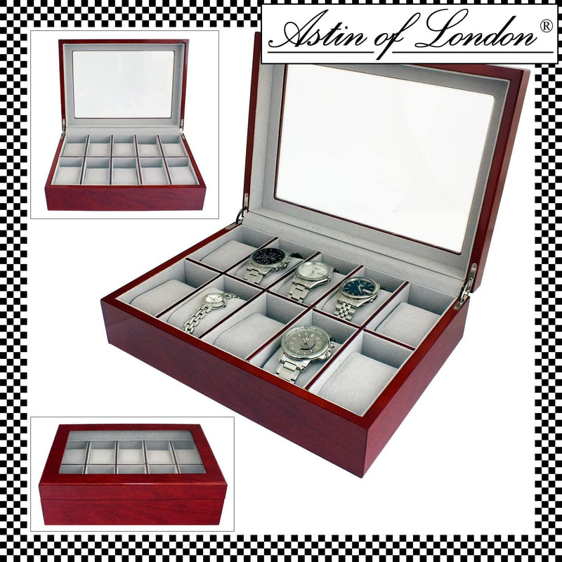 Astin Of London Watch Box ASTIN OF LONDON® WOODEN CHERRY WOOD 10 WATCH STORAGE BOX & DISPLAY CASE WATCHBOX