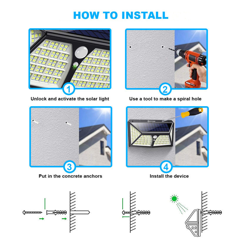 4 Pack 100 LED Solar Wall Lights PIR Motion Sensor Outdoor Garden Security Lamps