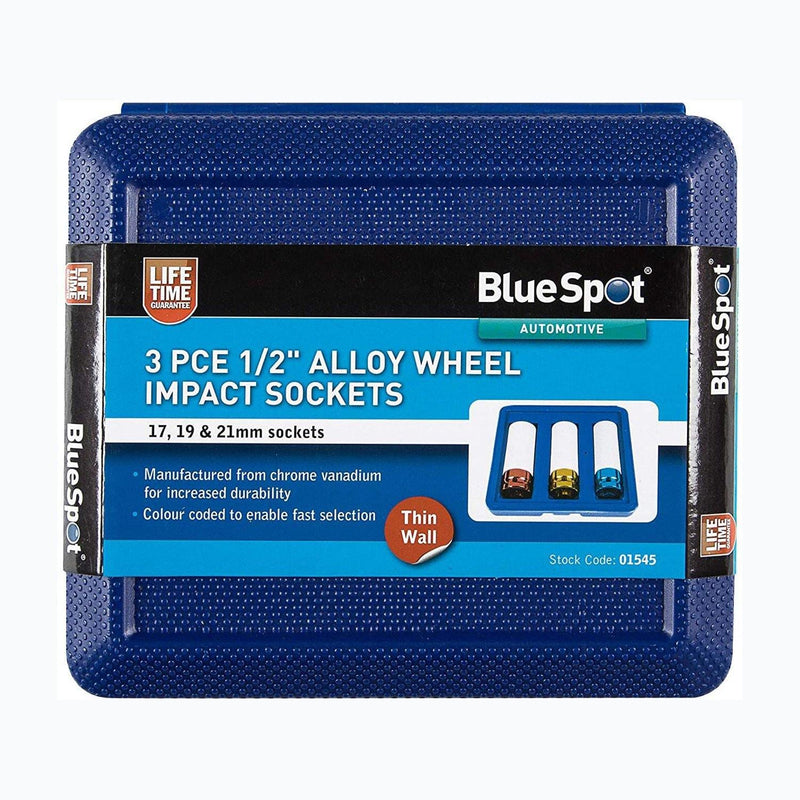 BlueSpot 3Pc Chrome Vanadium 1/2" Drive Thin Wall Alloy Wheel Nut Deep Impact Socket Set