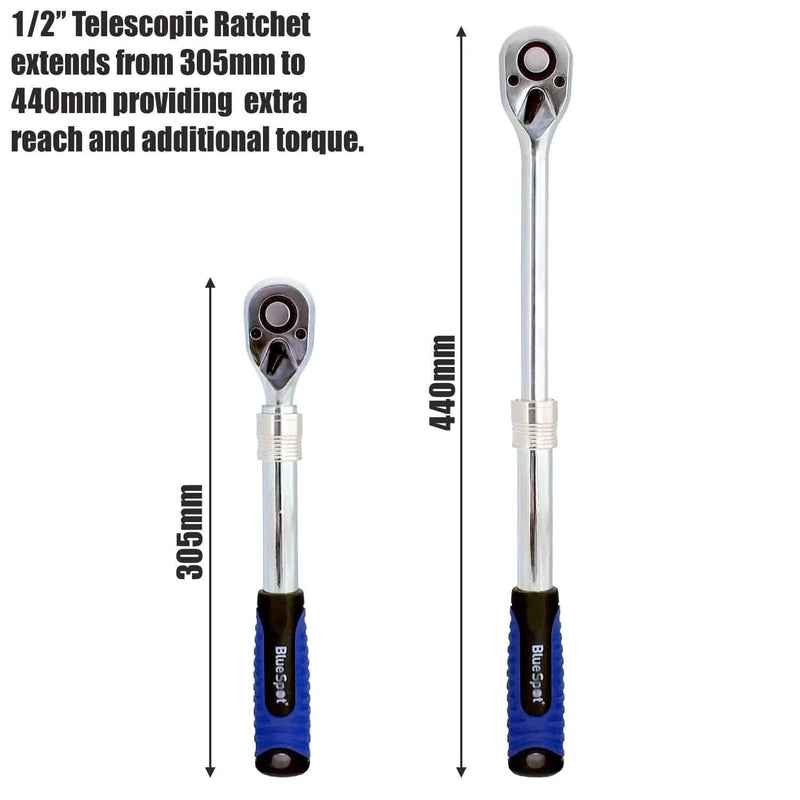 BlueSpot 3x TELESCOPIC EXTENDABLE QUICK RELEASE REVERSIBLE RATCHET HANDLES 1/4" 3/8" 1/2"