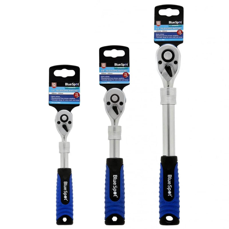 BlueSpot 3x TELESCOPIC EXTENDABLE QUICK RELEASE REVERSIBLE RATCHET HANDLES 1/4" 3/8" 1/2"