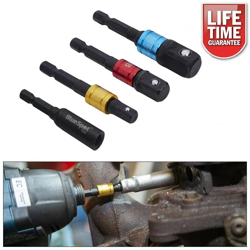 Bluespot Bit Holder Impact Socket Adaptors Colour Coded Convertor Hex Bit Holder 1/4 3/8 1/2 - 4PC
