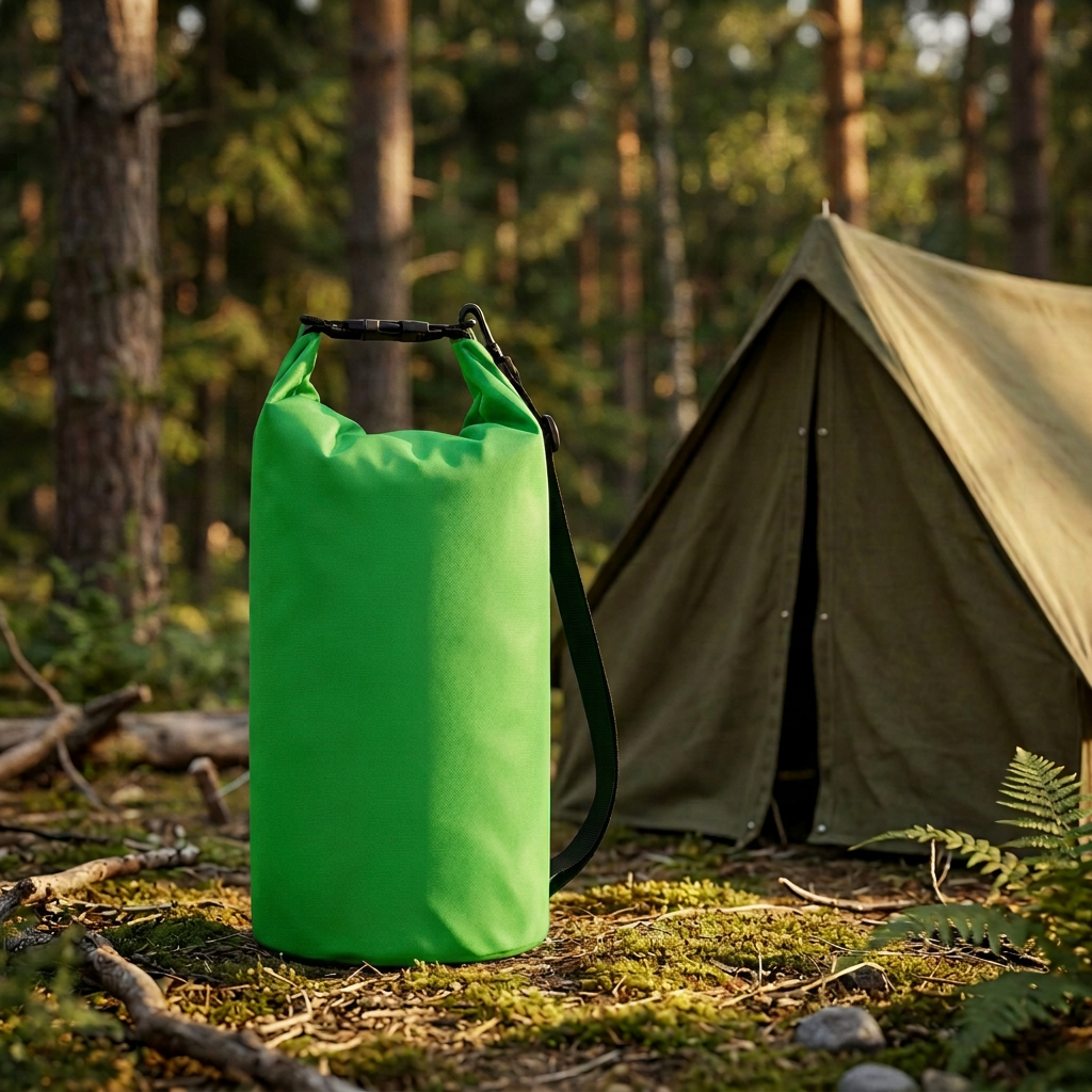 Bright green dry bag at a campsite