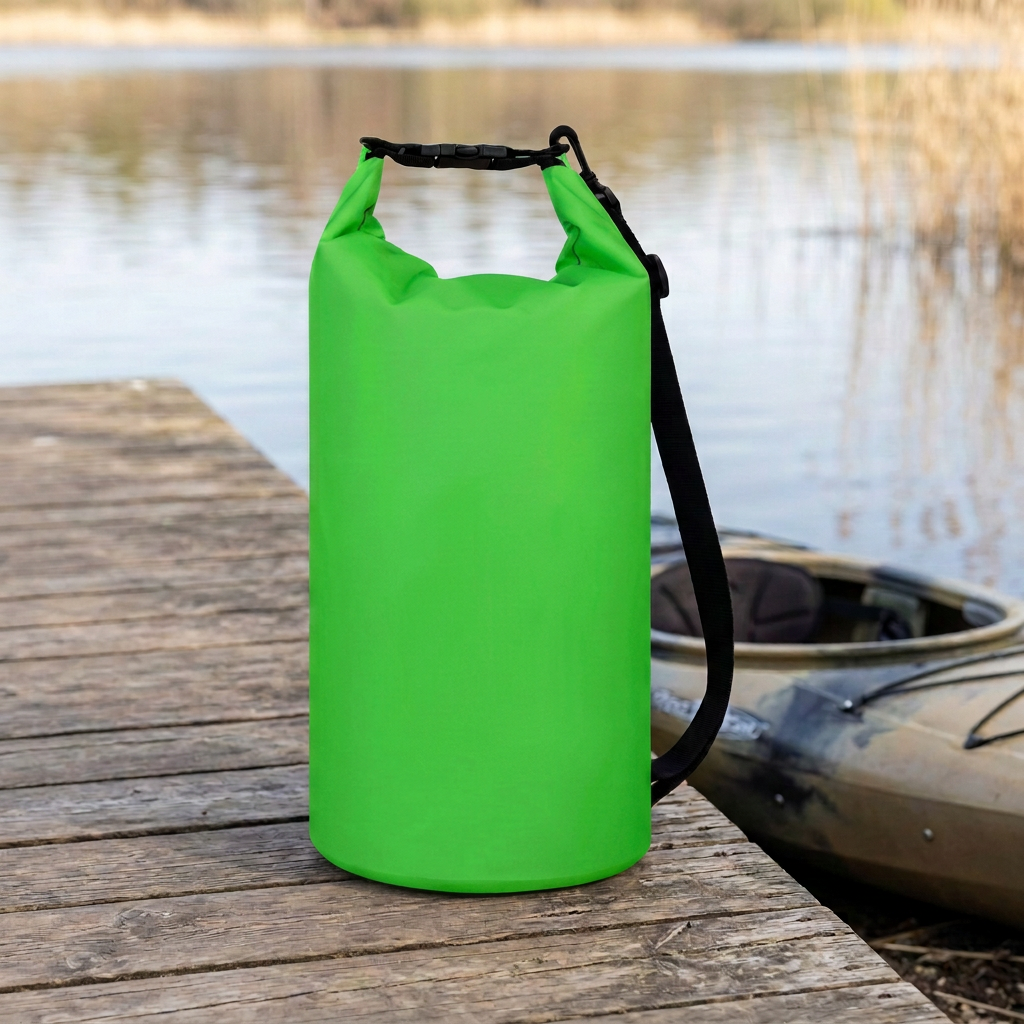 Bright green dry bag beside a kayak