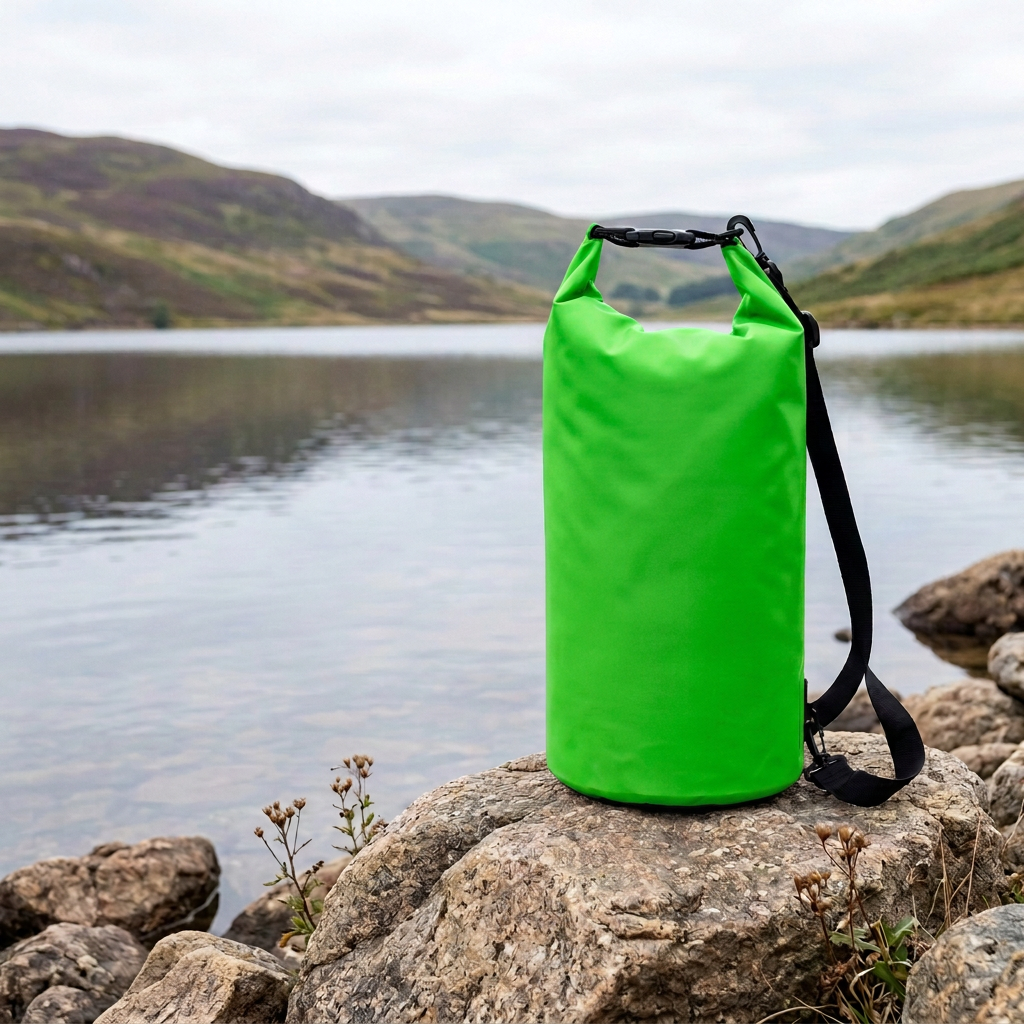 Bright green dry bag beside a lake