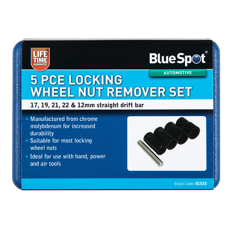 Blue Spot 5pc Locking Wheel Nut Remover Set 17-22mm | Grip & Twist Sockets for Damaged Rounded Bolts