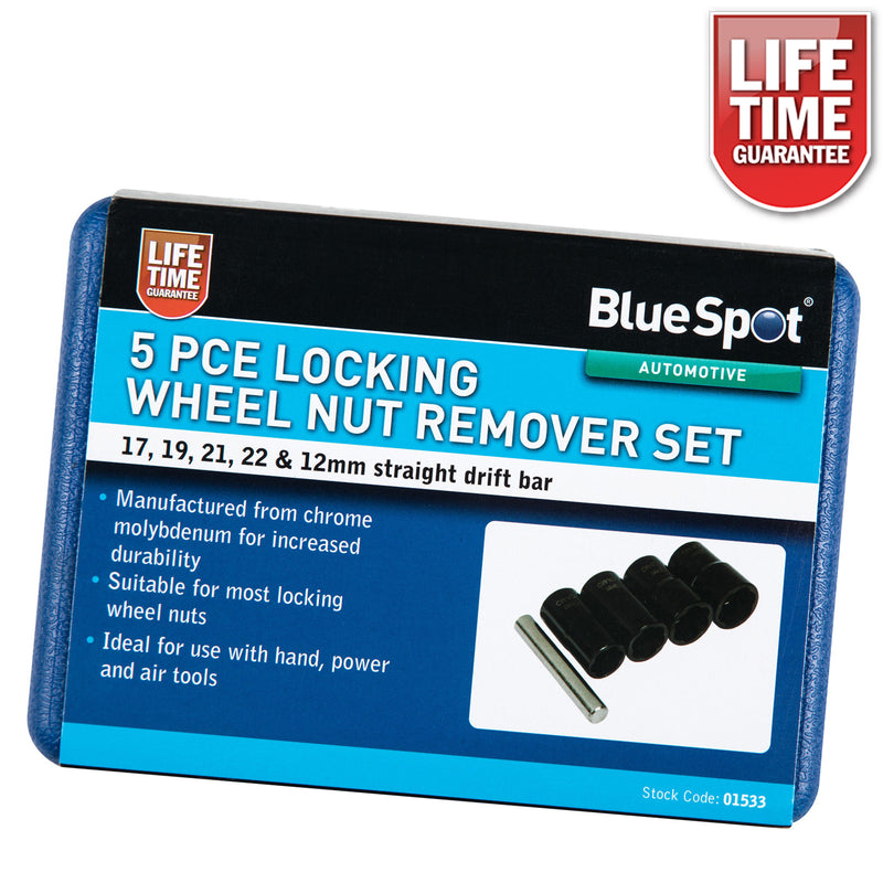 Blue Spot 5pc Locking Wheel Nut Remover Set 17-22mm | Grip & Twist Sockets for Damaged Rounded Bolts