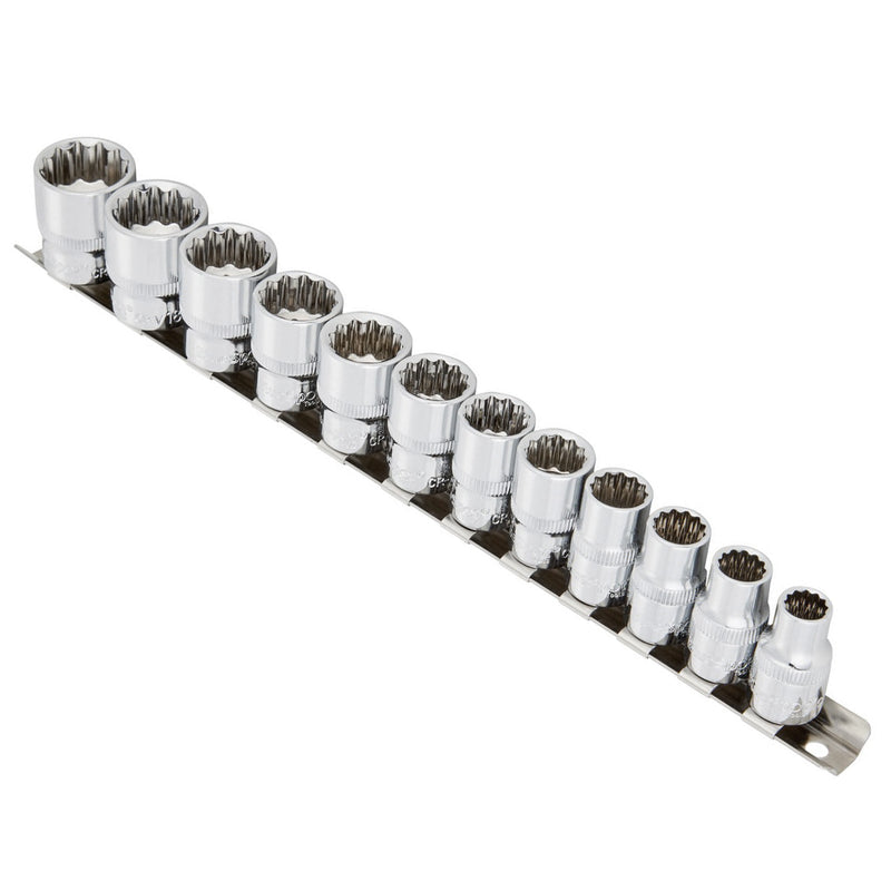 3/8" Socket Set 12pc Metric 8-19mm CRV Sockets with Storage Rail | Lifetime Warranty