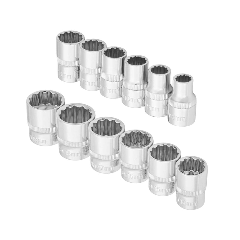 3/8" Socket Set 12pc Metric 8-19mm CRV Sockets with Storage Rail | Lifetime Warranty