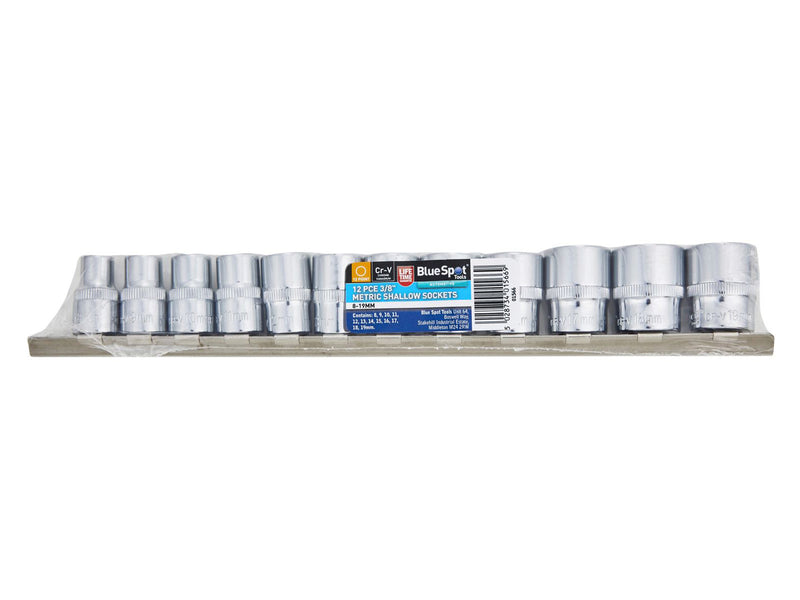 3/8" Socket Set 12pc Metric 8-19mm CRV Sockets with Storage Rail | Lifetime Warranty