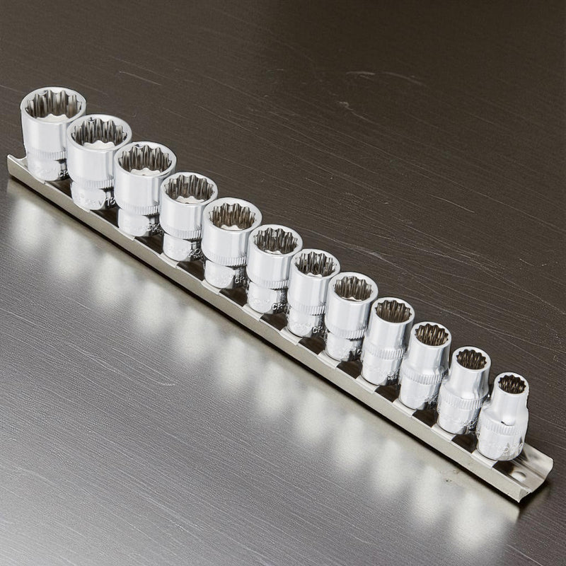 3/8" Socket Set 12pc Metric 8-19mm CRV Sockets with Storage Rail | Lifetime Warranty
