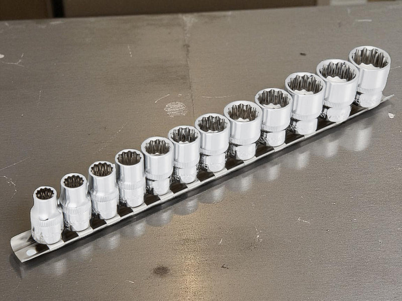 3/8" Socket Set 12pc Metric 8-19mm CRV Sockets with Storage Rail | Lifetime Warranty