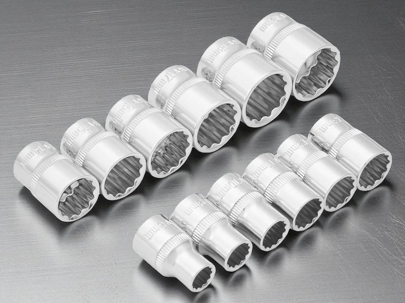 3/8" Socket Set 12pc Metric 8-19mm CRV Sockets with Storage Rail | Lifetime Warranty