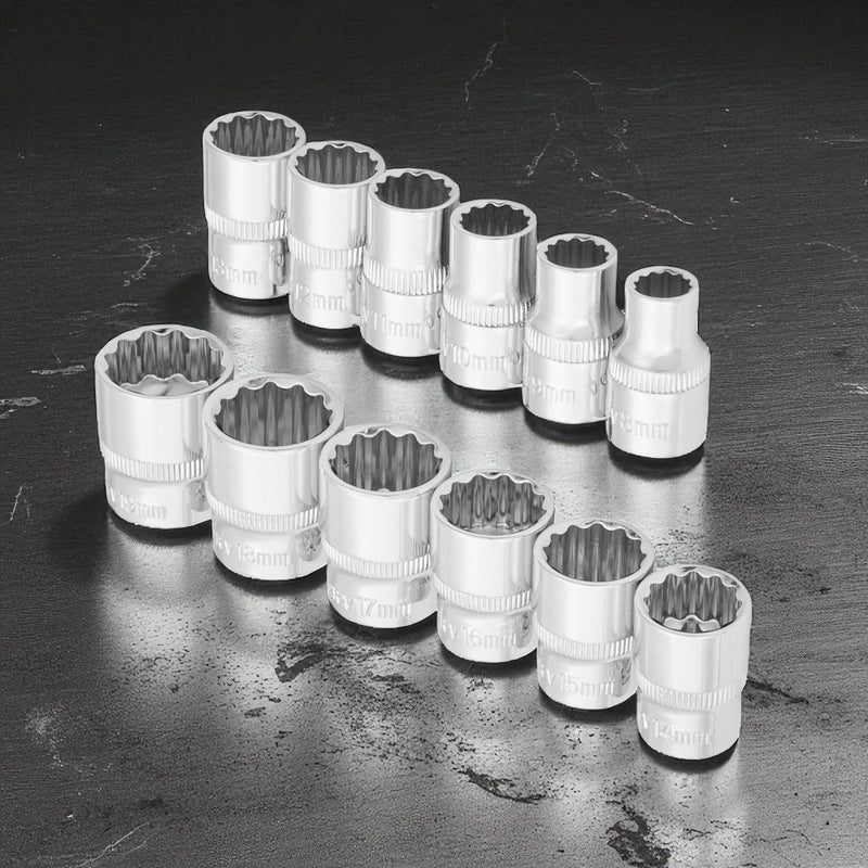 3/8" Socket Set 12pc Metric 8-19mm CRV Sockets with Storage Rail | Lifetime Warranty