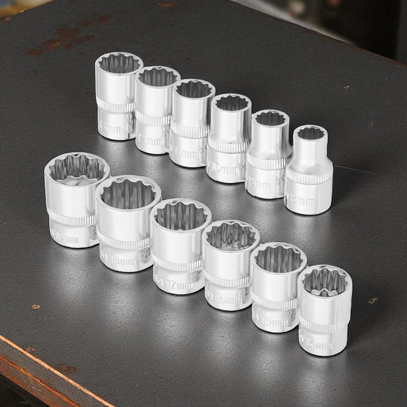 3/8" Socket Set 12pc Metric 8-19mm CRV Sockets with Storage Rail | Lifetime Warranty