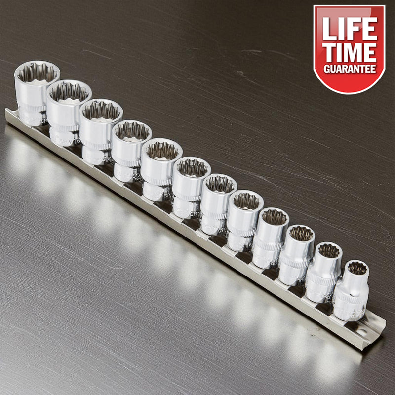 3/8" Socket Set 12pc Metric 8-19mm CRV Sockets with Storage Rail | Lifetime Warranty