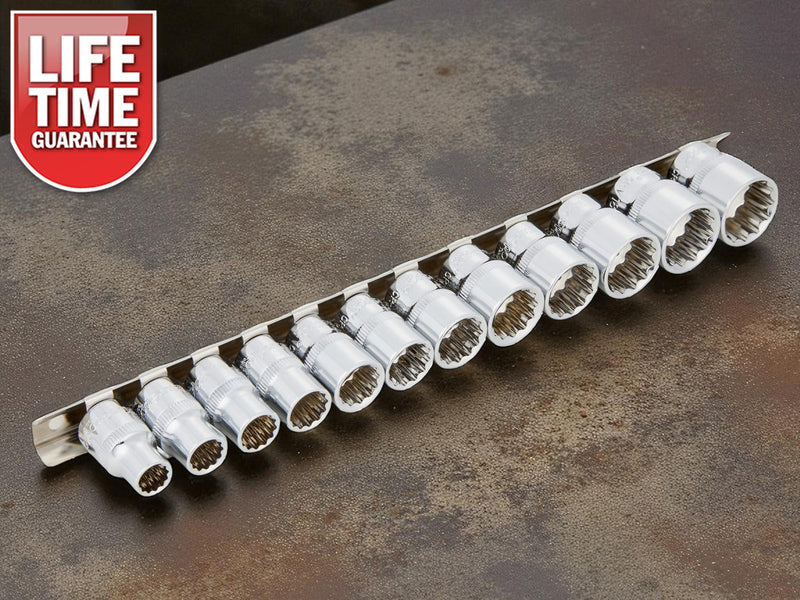 3/8" Socket Set 12pc Metric 8-19mm CRV Sockets with Storage Rail | Lifetime Warranty