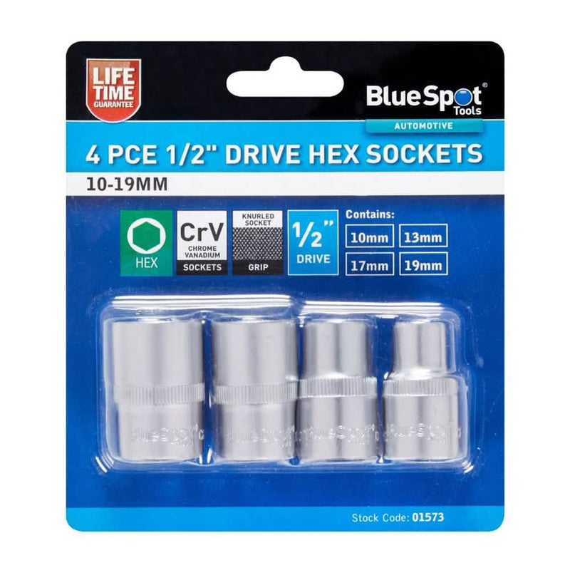 4pc 1/2" Drive Socket Set 10mm 13mm 17mm 19mm Metric Chrome Vanadium Hex Sockets