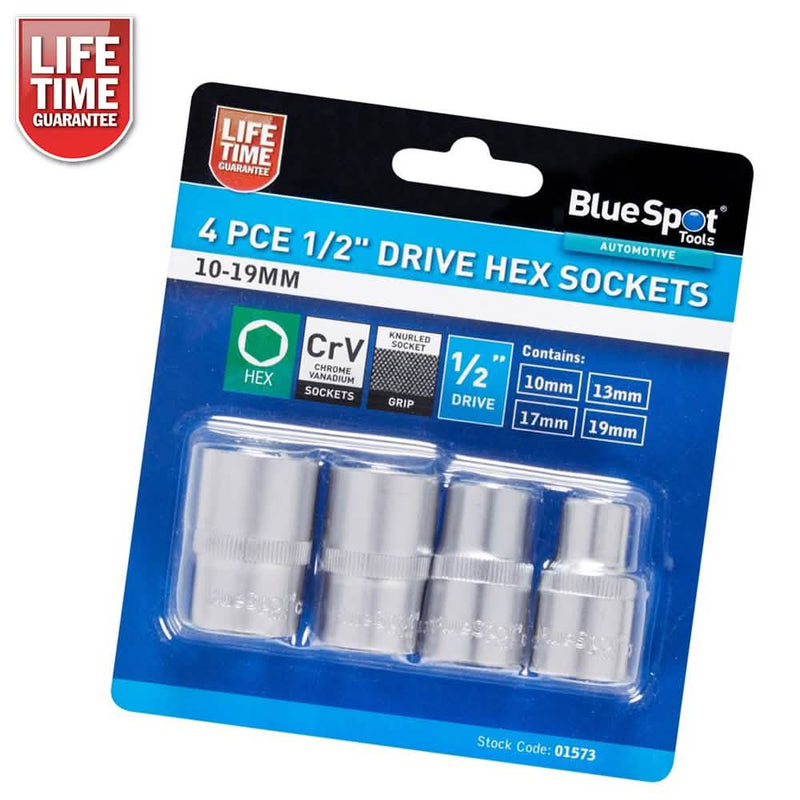 4pc 1/2" Drive Socket Set 10mm 13mm 17mm 19mm Metric Chrome Vanadium Hex Sockets