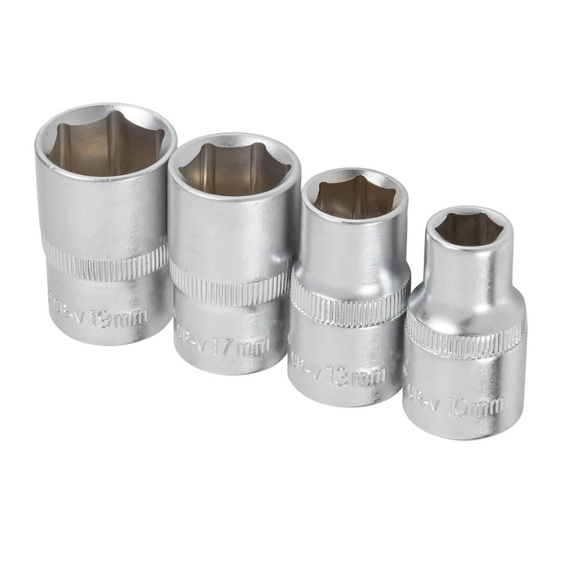 4pc 1/2" Drive Socket Set 10mm 13mm 17mm 19mm Metric Chrome Vanadium Hex Sockets