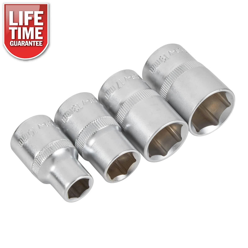 4pc 1/2" Drive Socket Set 10mm 13mm 17mm 19mm Metric Chrome Vanadium Hex Sockets