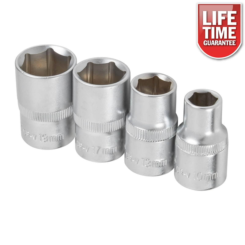 4pc 1/2" Drive Socket Set 10mm 13mm 17mm 19mm Metric Chrome Vanadium Hex Sockets