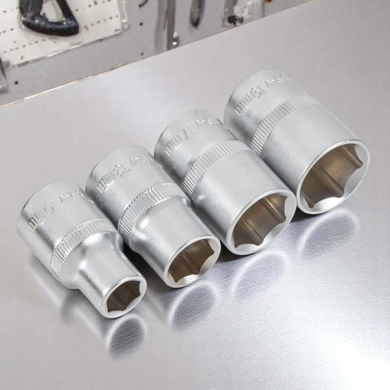 4pc 1/2" Drive Socket Set 10mm 13mm 17mm 19mm Metric Chrome Vanadium Hex Sockets