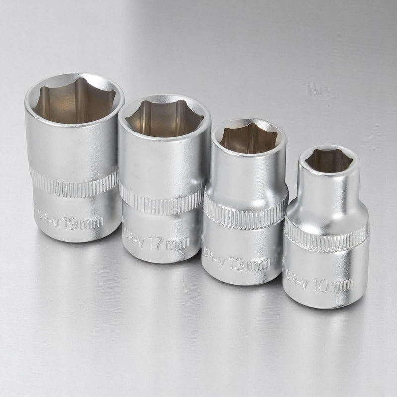 4pc 1/2" Drive Socket Set 10mm 13mm 17mm 19mm Metric Chrome Vanadium Hex Sockets