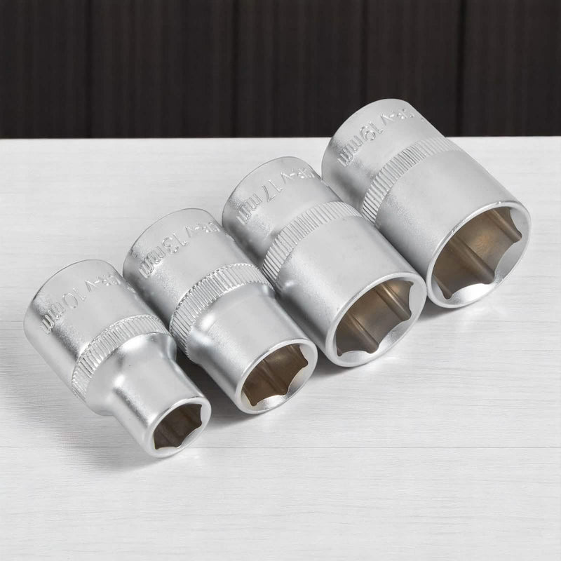 4pc 1/2" Drive Socket Set 10mm 13mm 17mm 19mm Metric Chrome Vanadium Hex Sockets
