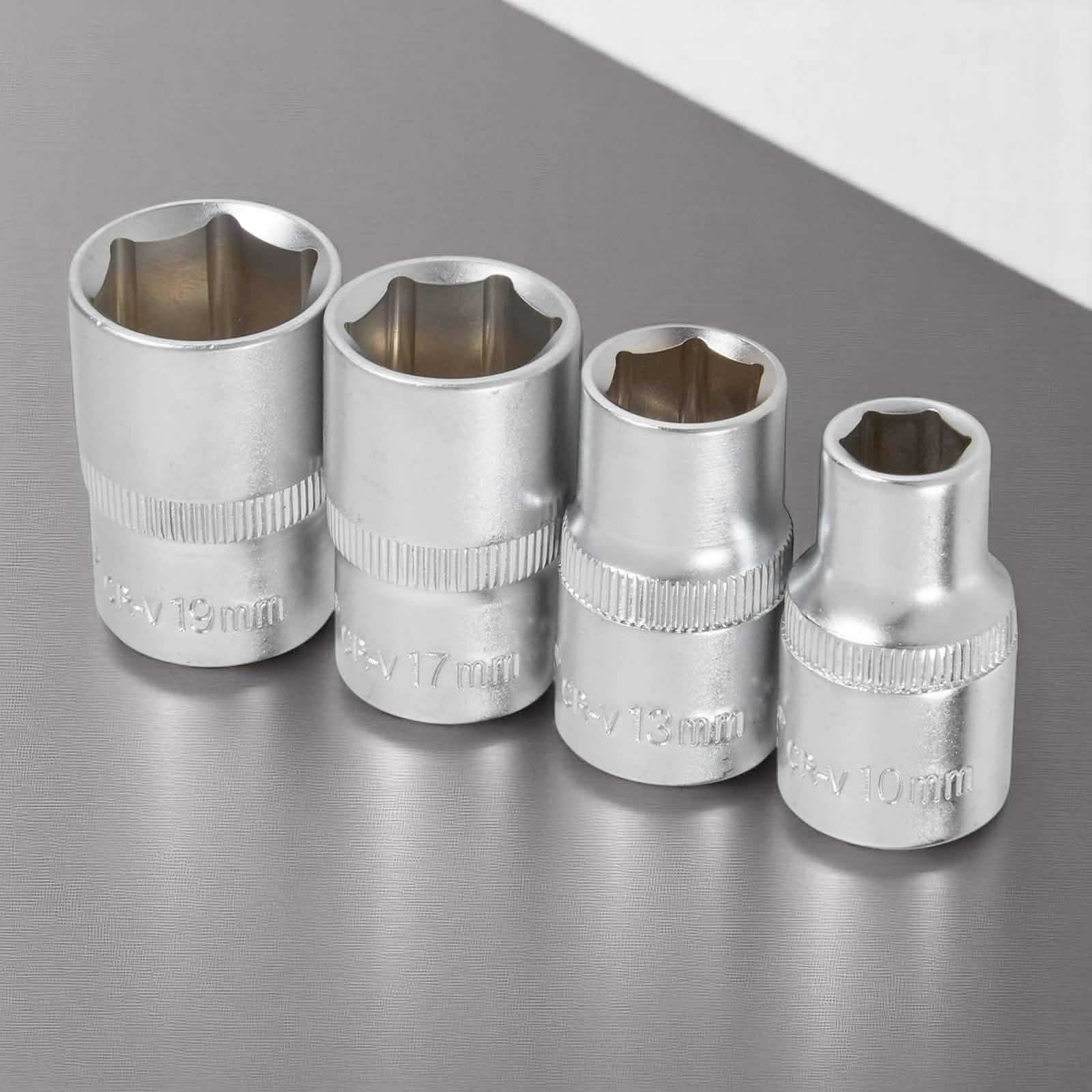4pc 1/2" Drive Socket Set 10mm 13mm 17mm 19mm Metric Chrome Vanadium Hex Sockets