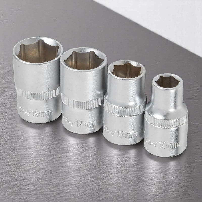 4pc 1/2" Drive Socket Set 10mm 13mm 17mm 19mm Metric Chrome Vanadium Hex Sockets