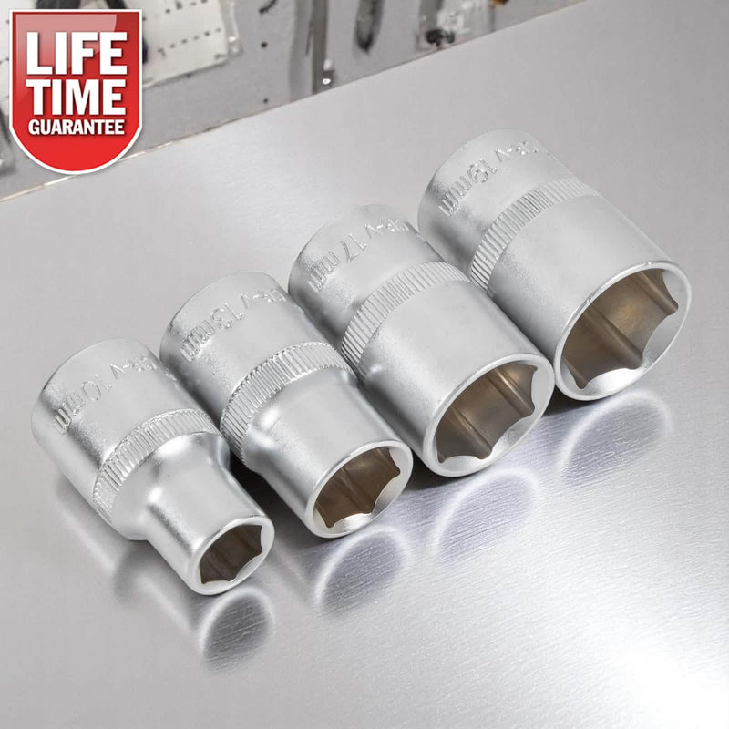4pc 1/2" Drive Socket Set 10mm 13mm 17mm 19mm Metric Chrome Vanadium Hex Sockets