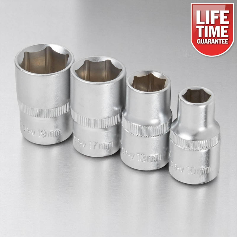 4pc 1/2" Drive Socket Set 10mm 13mm 17mm 19mm Metric Chrome Vanadium Hex Sockets